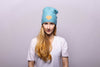 Reversible Slouchy Light Blue Cashmere Hat with Bronze Heart and Pine Mist Pom-Pom