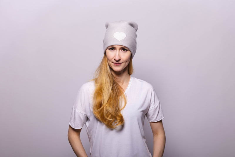 Reversible Slouchy Light Grey Cashmere Hat with white Heart and White Pom-Pom