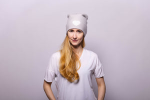 Reversible Slouchy Light Grey Cashmere Hat with white Heart and Crystal Pom-Pom