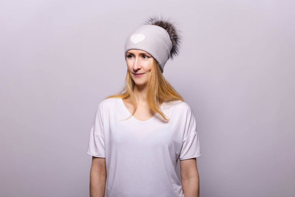 Reversible Slouchy Light Grey Cashmere Hat with white Heart and Crystal Pom-Pom