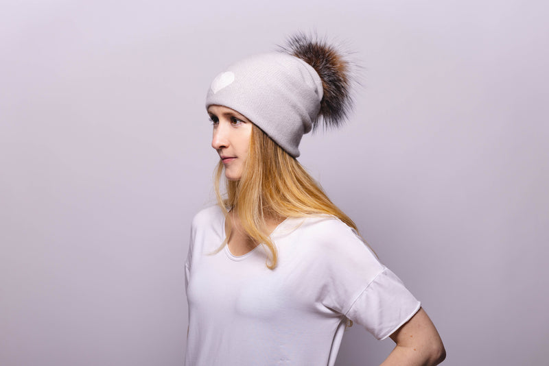 Reversible Slouchy Light Grey Cashmere Hat with white Heart and Crystal Pom-Pom