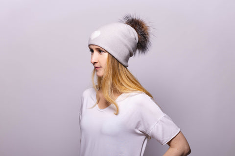 Grey Reversible Slouchy Cashmere Hat with Ivory Rim and White Fur Pom