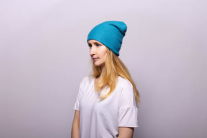 Reversible Slouchy Teal Cashmere Hat with Seafoam Pom-Pom