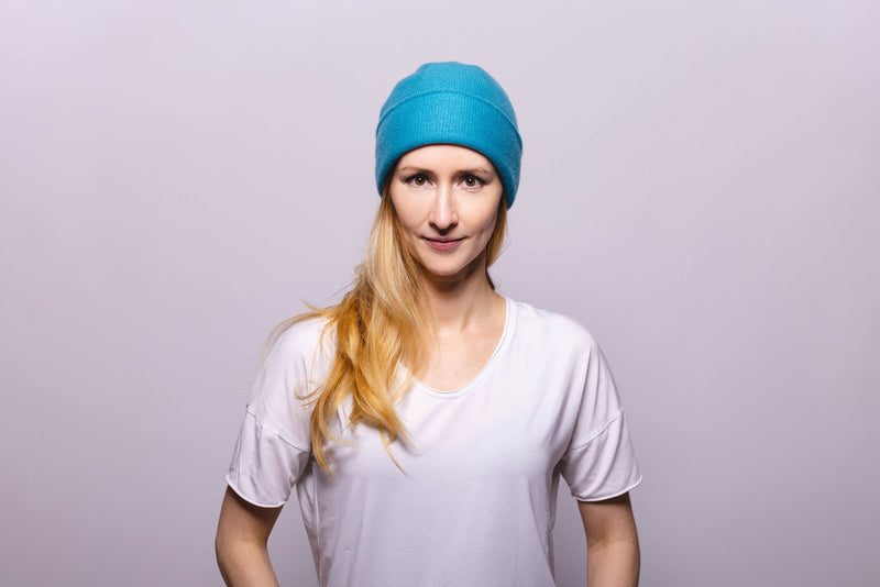 Reversible Slouchy Teal Cashmere Hat with Gold Heart and Seafoam Pom-Pom