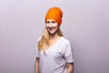 Reversible Slouchy Orange Cashmere Hat with Pine Mist Pom-Pom