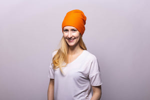 Reversible Slouchy Orange Cashmere Hat with Pine Mist Pom-Pom