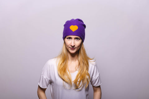 Reversible Slouchy Blue Cashmere Hat with Lilac Heart and Lilac Pom-Pom