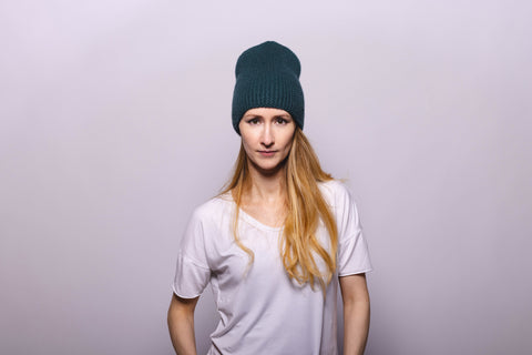 Reversible Slouchy Grey & Caramel Striped Cashmere Hat