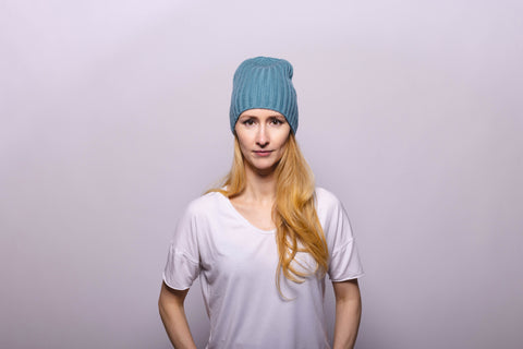 Reversible Slouchy Grey & Caramel Striped Cashmere Hat