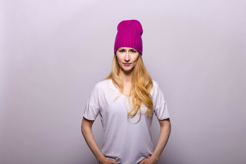 Ribbed Fuchsia Cashmere Hat