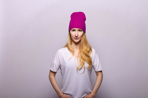 Ribbed Fuchsia Cashmere Hat with Multi Colored Pom-Pom