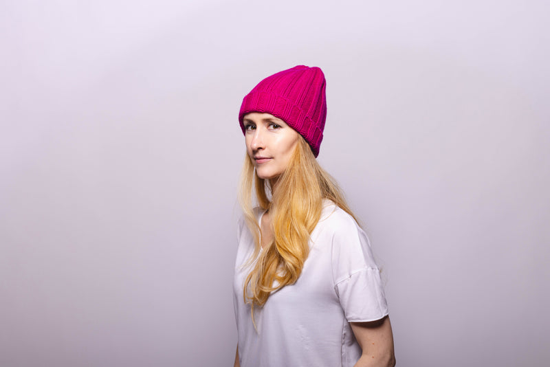 Fold-Over Ribbed Fuchsia Cashmere Hat