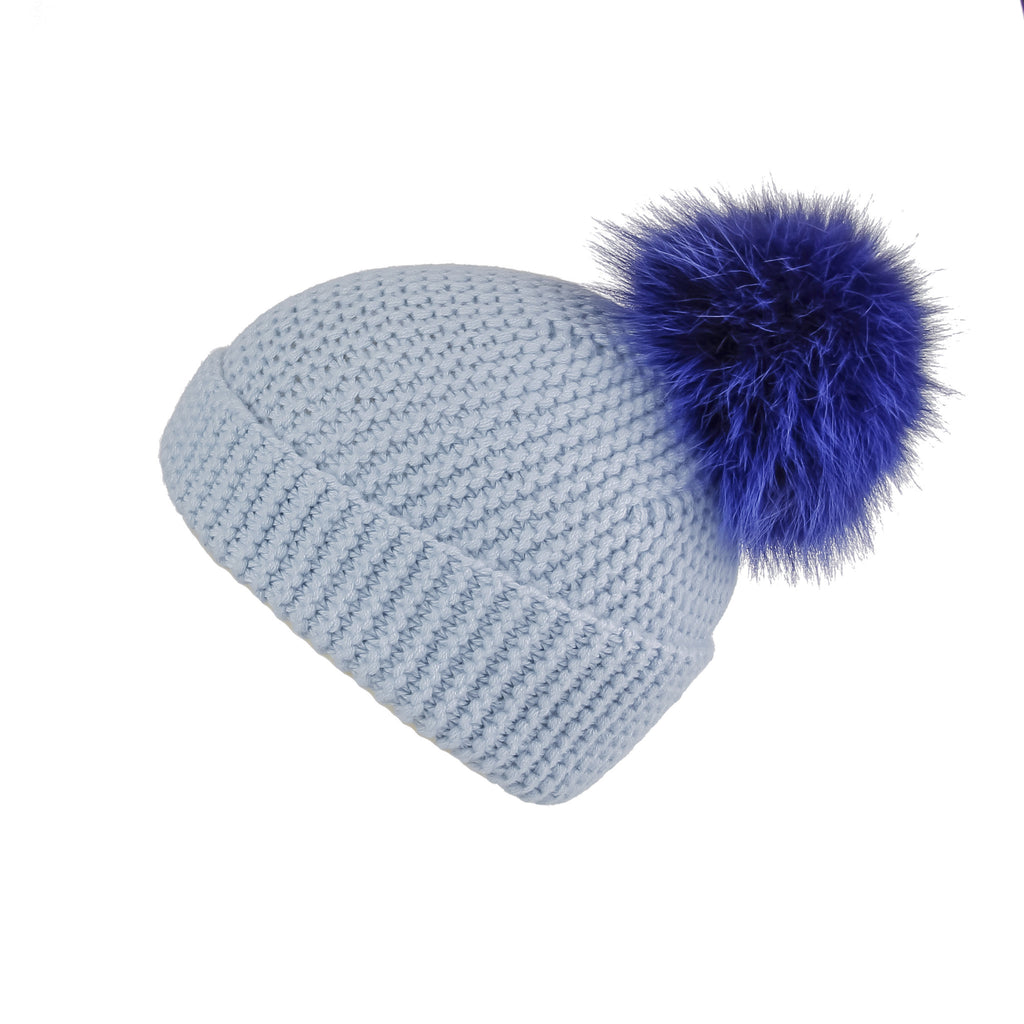 Pearl Stitched Light Blue Cashmere Hat with Electric Blue Pom-Pom, Hat with Pom - Loveknitz
