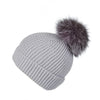 Fold-Over Grey Cashmere Hat with Electric Blue Pom-Pom