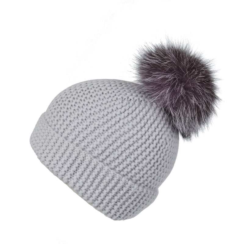 Pearl Stitched Light Grey Cashmere Hat with Dark Lilac Pom-Pom, Hat with Pom - Loveknitz