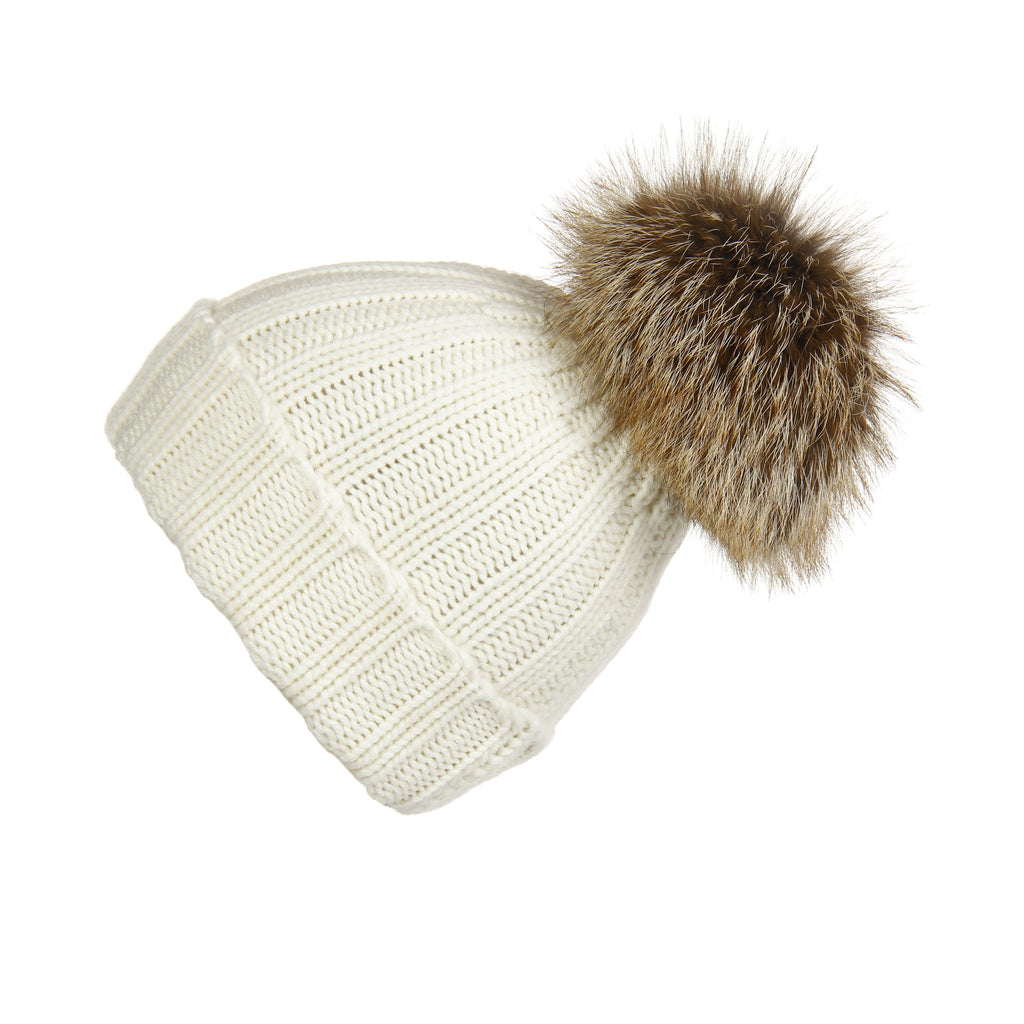 Fold-Over Ivory Cashmere Hat with Caramel Pom-Pom, Hat with Pom - Loveknitz