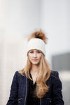 Fold-Over Grey Cashmere Hat with Pine Mist Pom-Pom