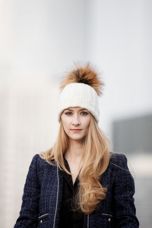 Fold-Over Ivory Cashmere Hat with Light Caramel Pom-Pom, Hat with Pom - Loveknitz