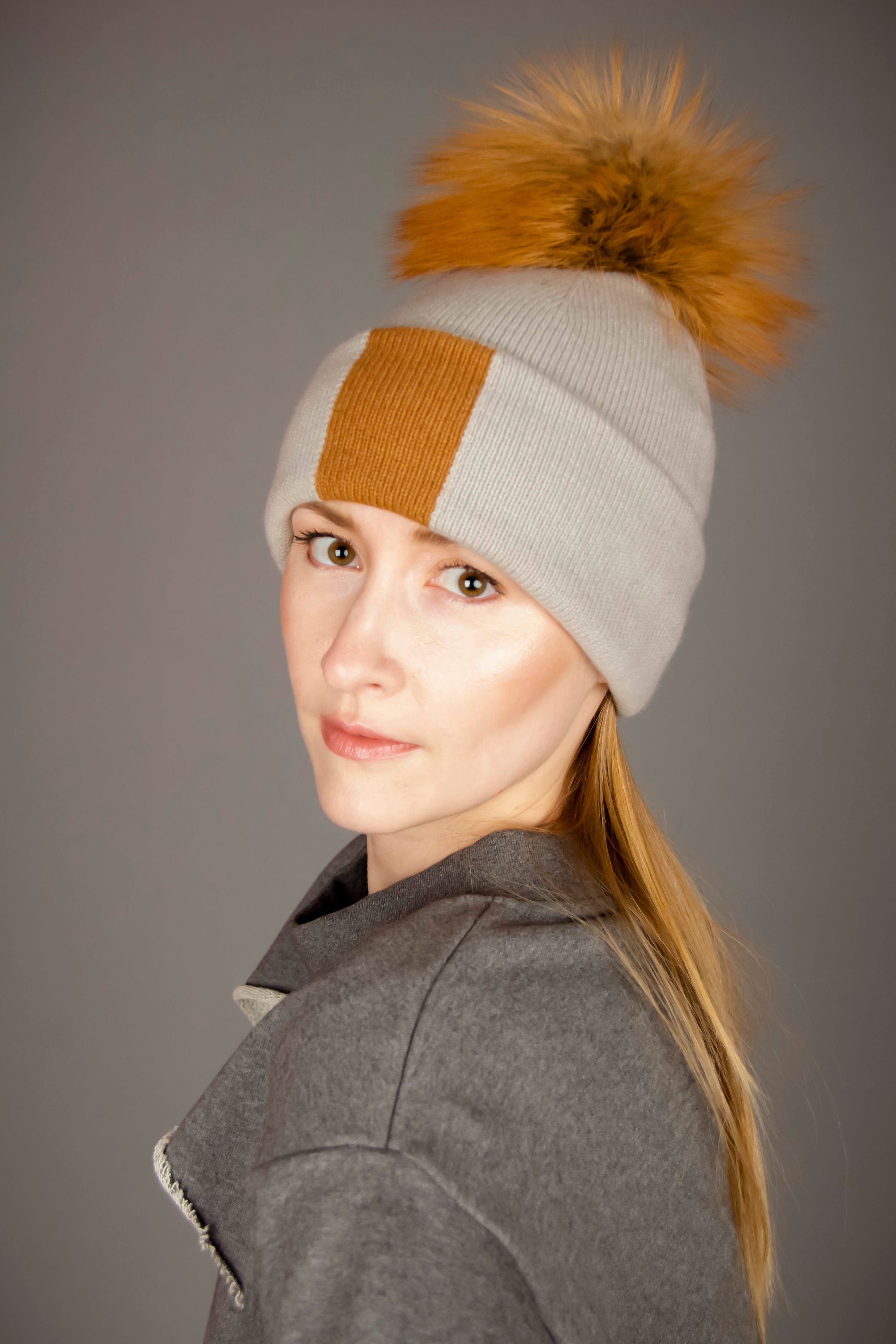 Reversible Slouchy Grey Caramel Striped Cashmere Hat with Light