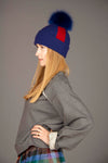 Reversible Slouchy Blue and Red Striped Cashmere Hat with Electric Blue Pom-Pom, Hat - Loveknitz