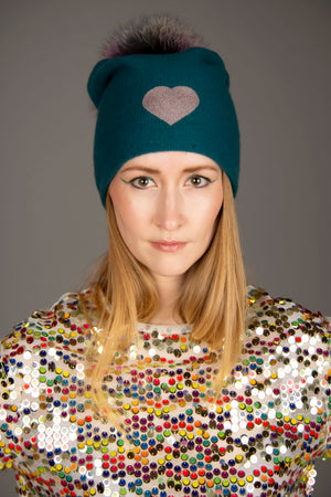 Reversible Slouchy Teal Cashmere Hat with Lilac Heart and Rainbow Pom, Hat - Loveknitz