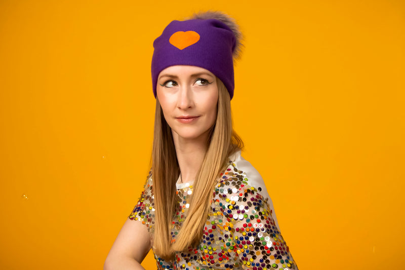 Reversible Slouchy Purple Cashmere Hat with Orange Heart, Hat - Loveknitz