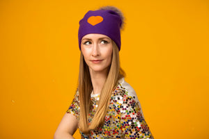 Reversible Slouchy Purple Cashmere Hat with Orange Heart and Rainbow Pom, Hat - Loveknitz