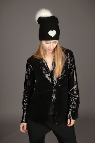 Reversible Slouchy Black Cashmere Hat with White Heart and Black Pom-Pom