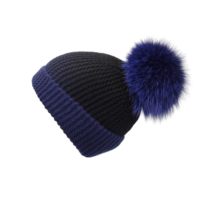 Pearl Stitched Blue Ombré Cashmere Hat with Electric Blue Pom-Pom, Hat with Pom - Loveknitz