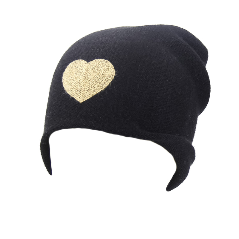 Reversible Slouchy Black Cashmere Hat with Gold Heart and Light Caramel Pom-Pom, Hat - Loveknitz