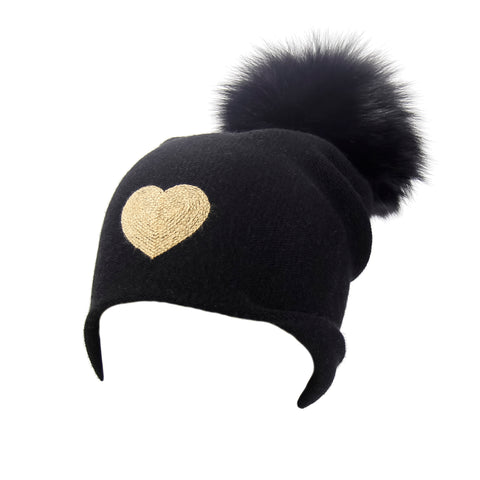 Reversible Slouchy Black Cashmere Hat with Black Pom-Pom