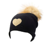 Reversible Slouchy Black Cashmere Hat with Gold Heart and Light Caramel Pom-Pom, Hat - Loveknitz