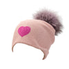 Reversible Slouchy Rose Cashmere Hat with Pink Heart and Lilac Pom-Pom, Hat - Loveknitz