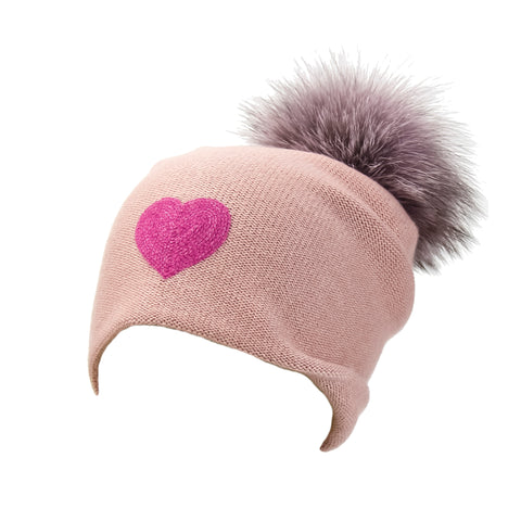 Reversible Slouchy Light Grey Cashmere Hat with white Heart and Crystal Pom-Pom