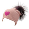 Reversible Slouchy Rose Cashmere Hat with Pink Heart and Fancy Lilac Pom-Pom, Hat - Loveknitz