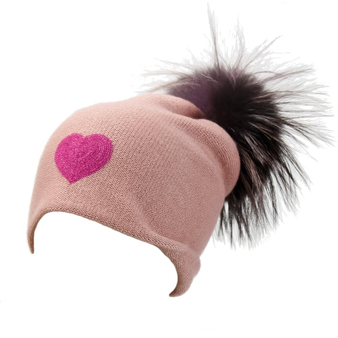 Fold-Over Ivory Cashmere Hat with Black Pom-Pom