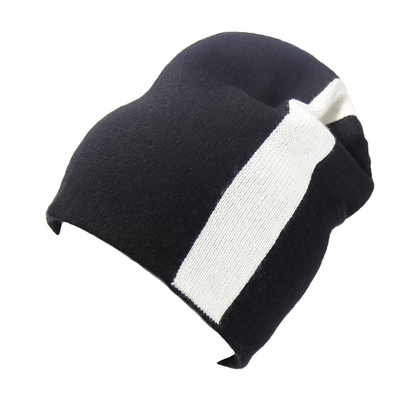 Reversible Slouchy Black & White Striped Cashmere Hat, Hat - Loveknitz