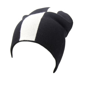 Reversible Slouchy Black & White Striped Cashmere Hat with White Pom-Pom, Hat - Loveknitz