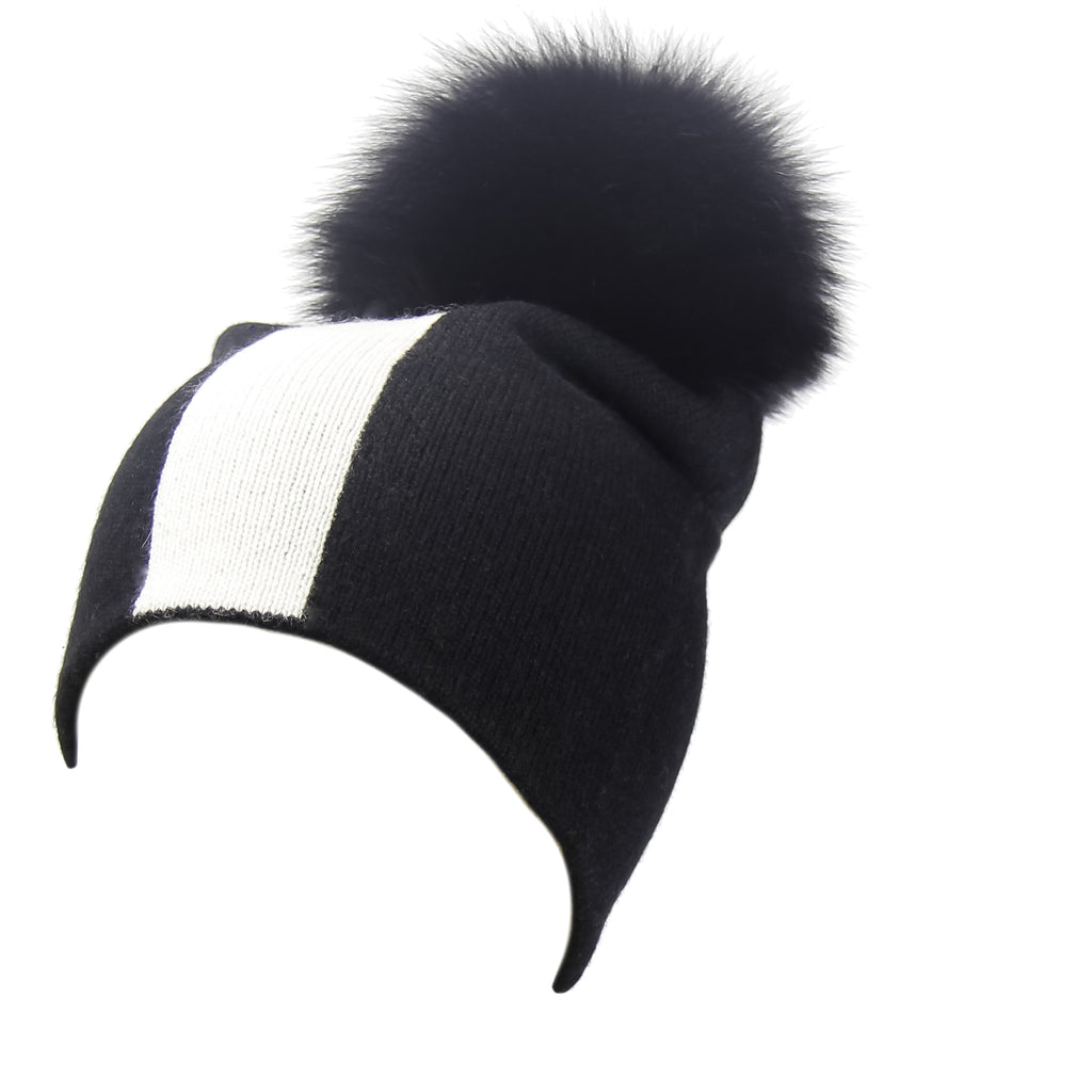 Reversible Slouchy Black & White Striped Cashmere Hat with Black Pom-Pom, Hat - Loveknitz