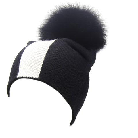 Reversible Slouchy Blue and Red Striped Cashmere Hat with Electric Blue Pom-Pom