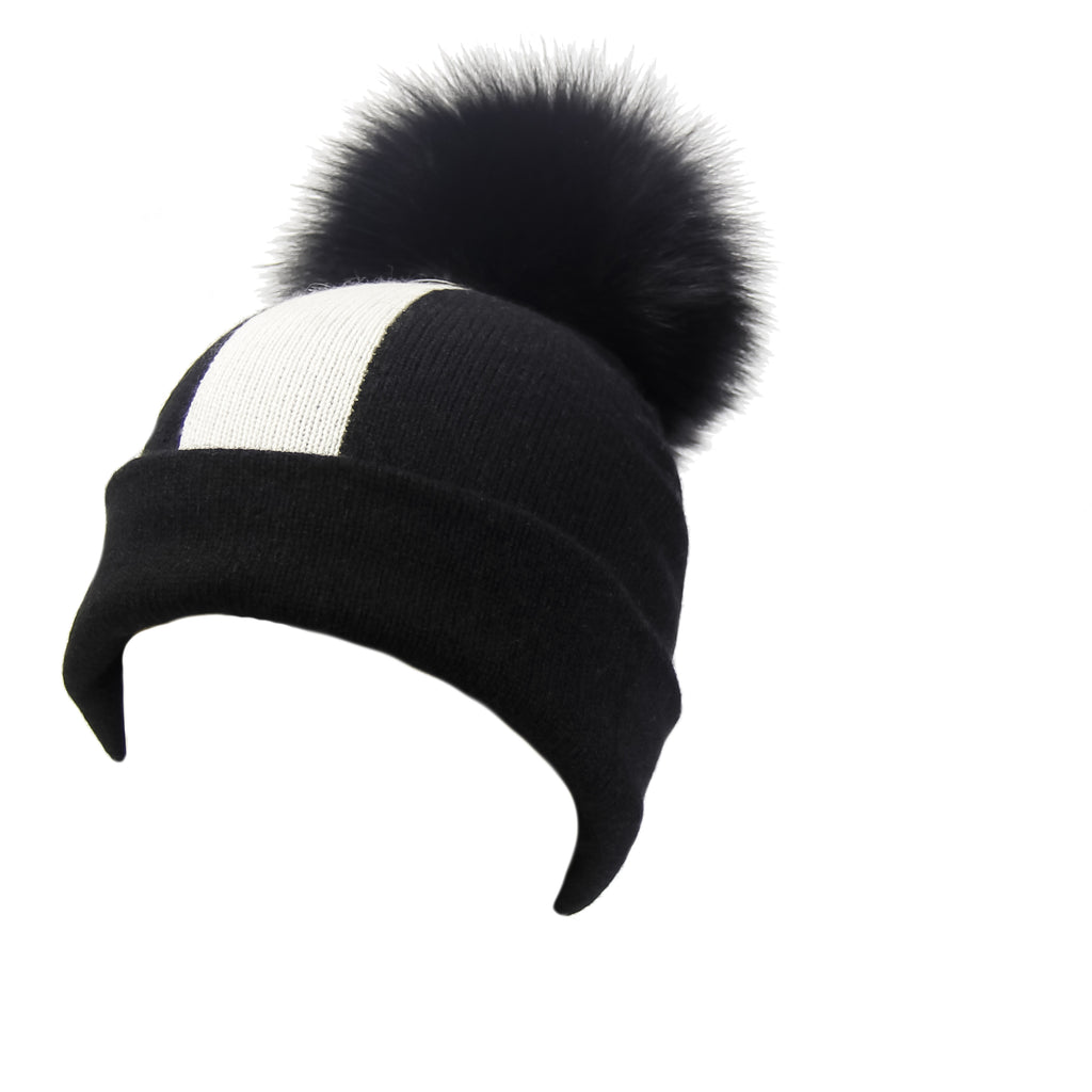 Reversible Slouchy Black & White Striped Cashmere Hat with Black Pom-Pom, Hat - Loveknitz