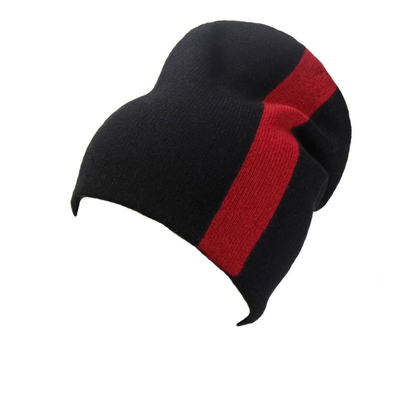 Reversible Slouchy Black and Red Striped Cashmere Hat, Hat - Loveknitz
