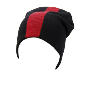 Reversible Slouchy Black and Red Striped Cashmere Hat with Black Pom-Pom, Hat - Loveknitz