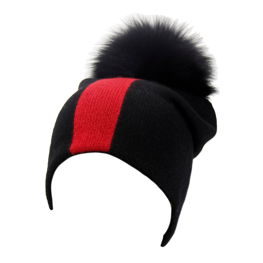 Reversible Slouchy Black and Red Striped Cashmere Hat with Black Pom-Pom, Hat - Loveknitz