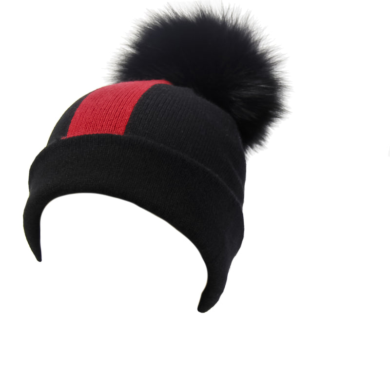 Reversible Slouchy Black and Red Striped Cashmere Hat with Black Pom-Pom, Hat - Loveknitz