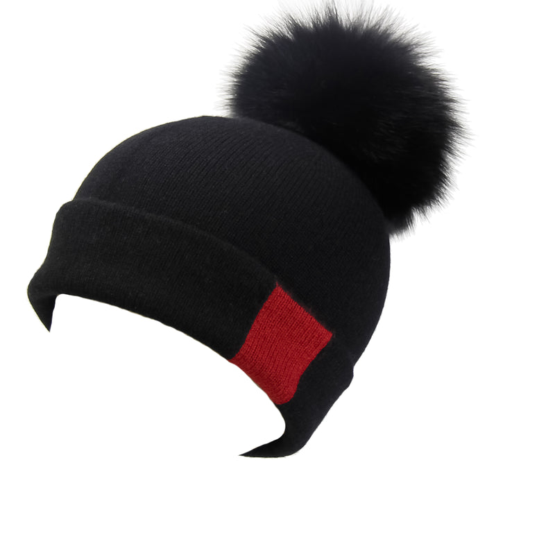 Reversible Slouchy Black and Red Striped Cashmere Hat with Black Pom-Pom, Hat - Loveknitz