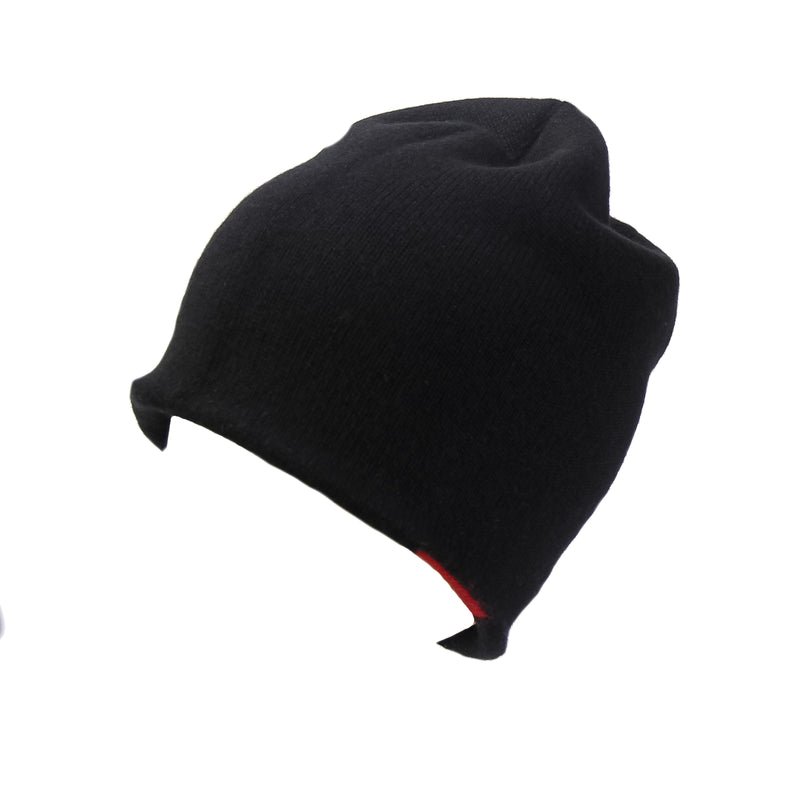 Reversible Slouchy Black and Grey Striped Cashmere Hat with Black Pom-Pom, Hat - Loveknitz