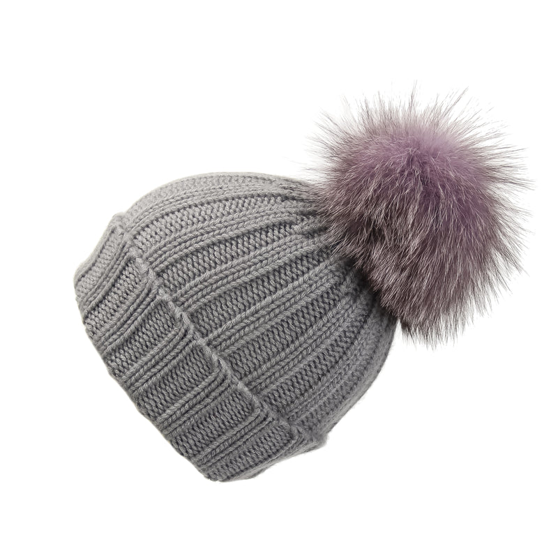 Fold-Over Grey Cashmere Hat with Lilac Pom-Pom, Hat with Pom - Loveknitz