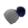 Ribbed Grey Cashmere Hat with Electric Blue Pom-Pom