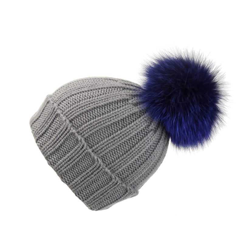 Fold-Over Grey Cashmere Hat with Electric Blue Pom-Pom, Hat with Pom - Loveknitz